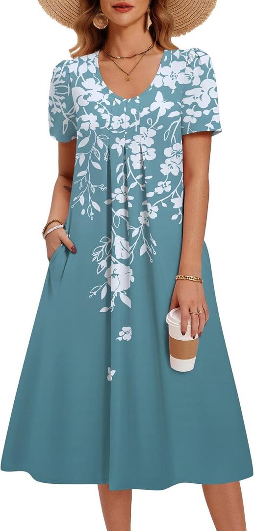 Zeagoo Summer Dress for Women Casual Floral Midi Sundress with Pockets V Neck Pleated Short Sleeve Aline Beach Vacation Dress (Medium)