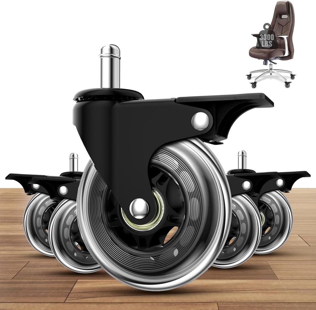 Office Chair Caster Set of 5 with Brakes, Heavy Duty 3" Universal Locking Casters for Carpet and Hardwood Floors and More, Universal Fits Most Chairs