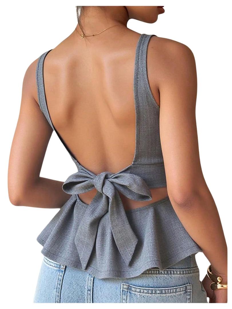 Verdusa Women's Bow Tie Backless Dressy Tops Ruffle Peplum Tank Tops Summer Elegant Outfits Grey Medium (Gray)