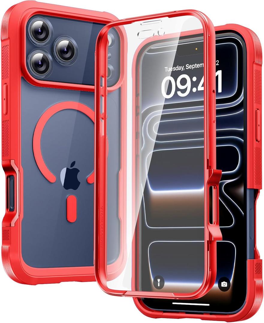 Diaclara Magnetic Designed for iPhone 17 Pro Max Case Full Body Bumper,[Compatible with MagSafe] Military Drop Proof Cover with Built-in Touch Sensitive Anti-Scratch Screen Protector,Red
