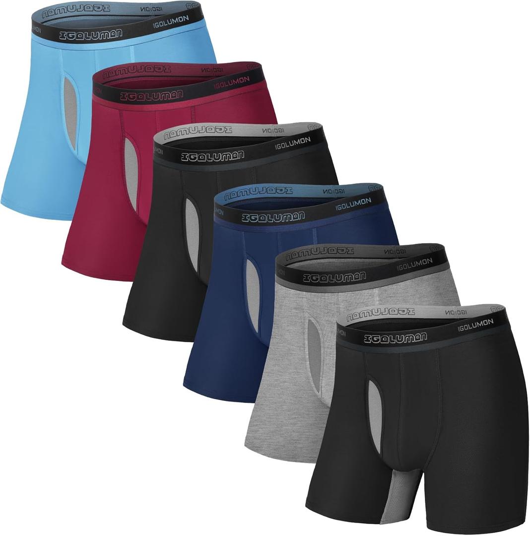 IGOLUMON Men's Underwear Bamboo Rayon Breathable Boxer Briefs with Fly Moisture-Wicking Lightweight Underwear, 6 pack (Medium, 2*black/1*grey/1*blue/1*navy/1*red)