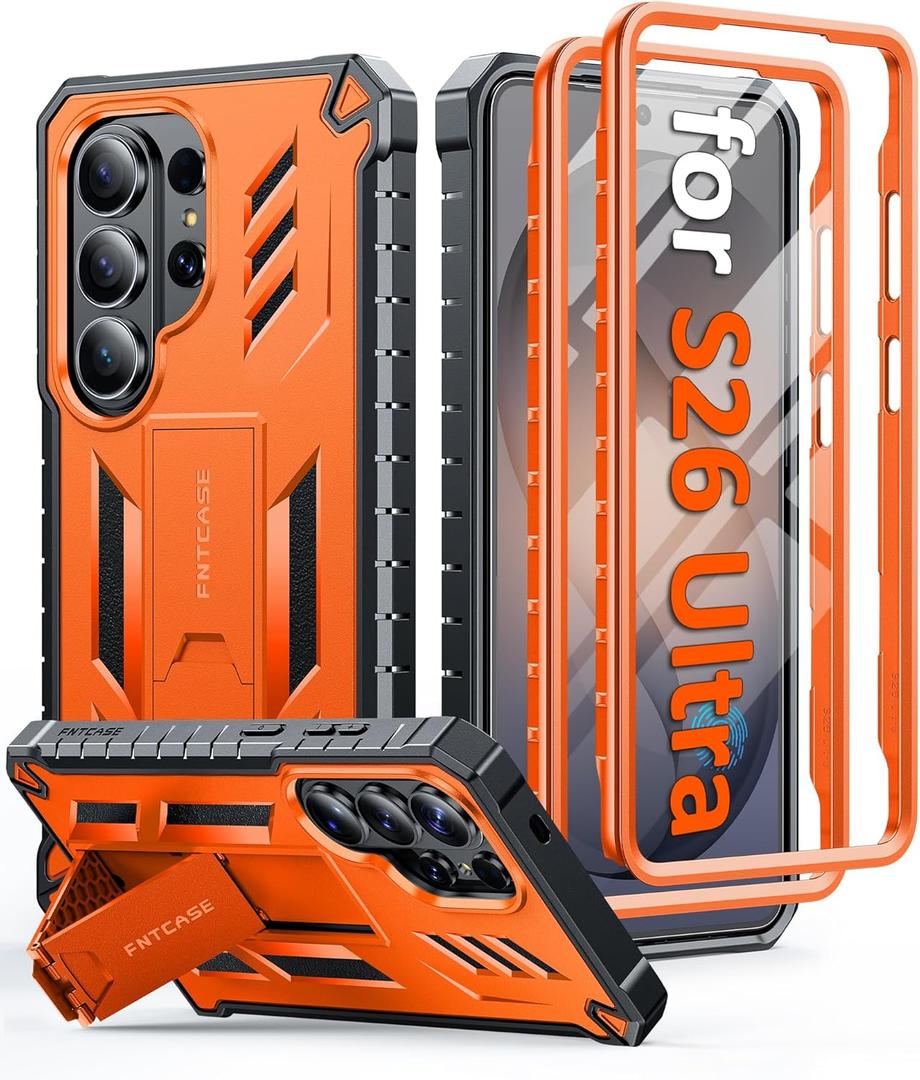FNTCASE for Samsung Galaxy S26-Ultra Case: [Built-in Screen Protector & Kickstand] [2 Front Frames] [Military-Grade Drop Protection] Heavy Duty Shockproof Rugged TPU Case Full Body Protective Orange