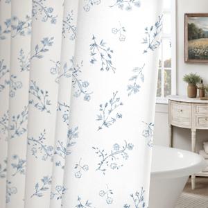 Blue Floral Farmhouse Vintage Cotton Shower Curtain, French Country Shower Curtains for Bathroom, 72Wx72H
