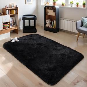 Thick Area Rug Black Fluffy Shag 3x5 for Bedroom, Ultra Soft Thickened Plush Washable Carpet, Non-Slip Cozy Shaggy Fuzzy Rug for Living Room Nursery Dorm Playroom Kids Baby Room