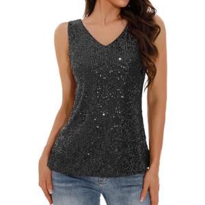 GUANYY Women's Sequin Tank Tops V Neck Sleeveless Sparkly Dressy Blouse Loose Fit Glitter Party Club Outfits (Medium, Black)