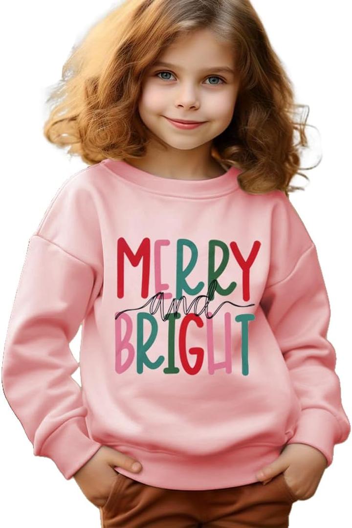 Merry and Bright Sweatshirt Kid Boy Girl Christmas Letter Print Pullover Crewneck Long Sleeve Shirt Tops 6-7 Years (Pink)