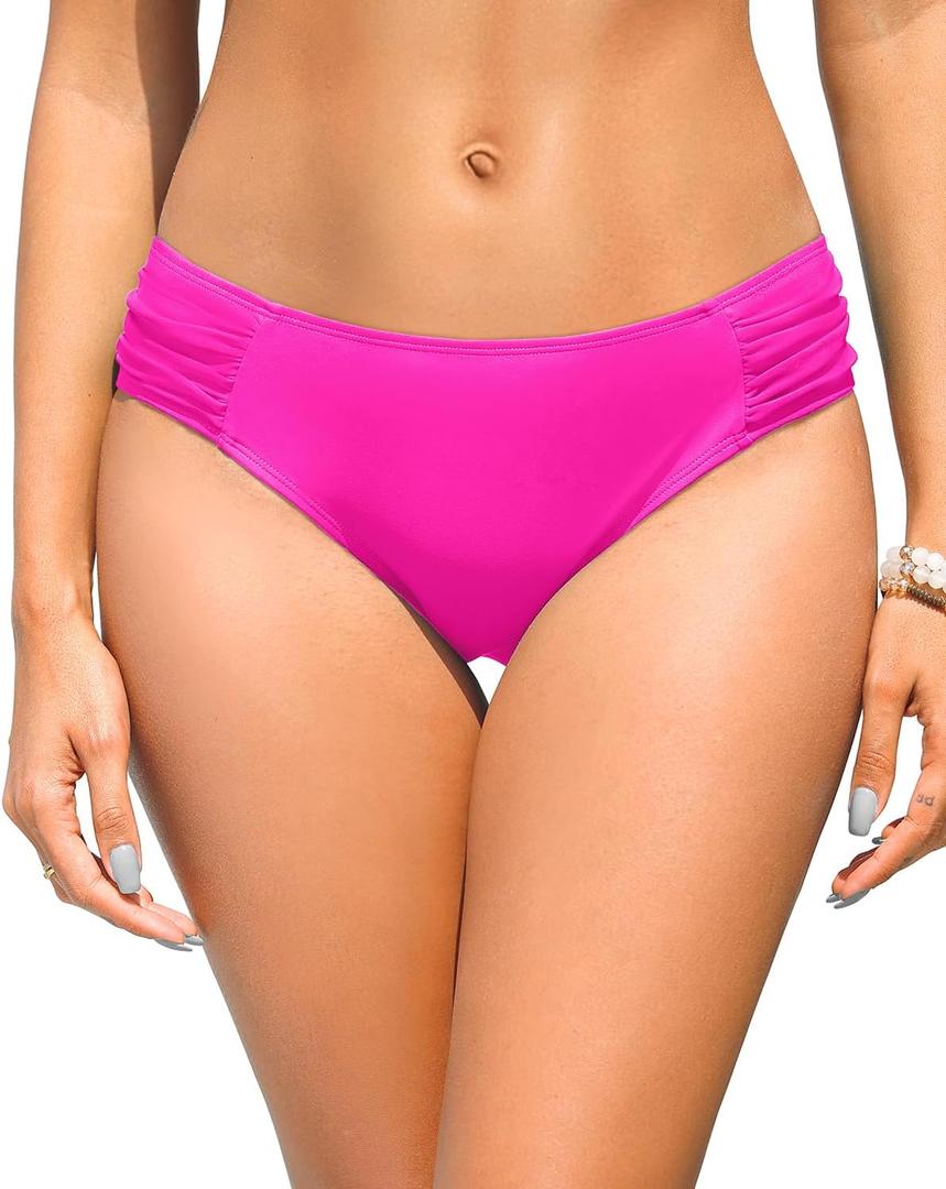Zmart Women Low Rise Bikini Bottoms - Full Coverage Ruched Bathing Suit Swim Bottom Swimsuits Swimwear (Medium, Pink)