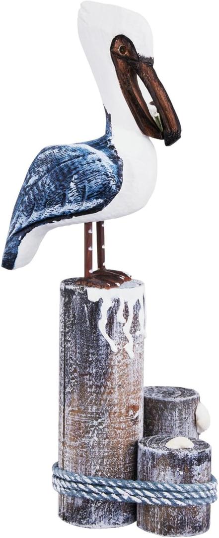 Nautical Pelicans Figurine-Beach Decor Wood Carving Art Coastal Bird Statue Home Ornaments Vintage Creative Indoor Decorations for Bathroom Office Dining Room