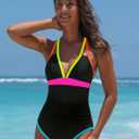 popvil Women's One Piece 2025 Tummy Control Swimsuits Neon Color Block Swimwear Deep V Neck Slimming Bathing Suit (Black, XL)