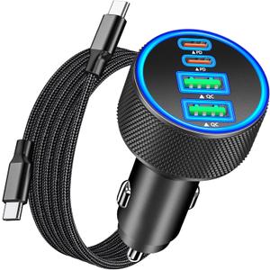 [Apple MFi Certified] iPhone 17 Car Charger Fast Charging, KYOHAYA 4-Port 90W USB-C&USB-A Power Cigarette Lighter PD/QC USB-C Car Charger + Type-C Braided Cord for iPhone 17/17 Pro/16/15/Galaxy/Pixel