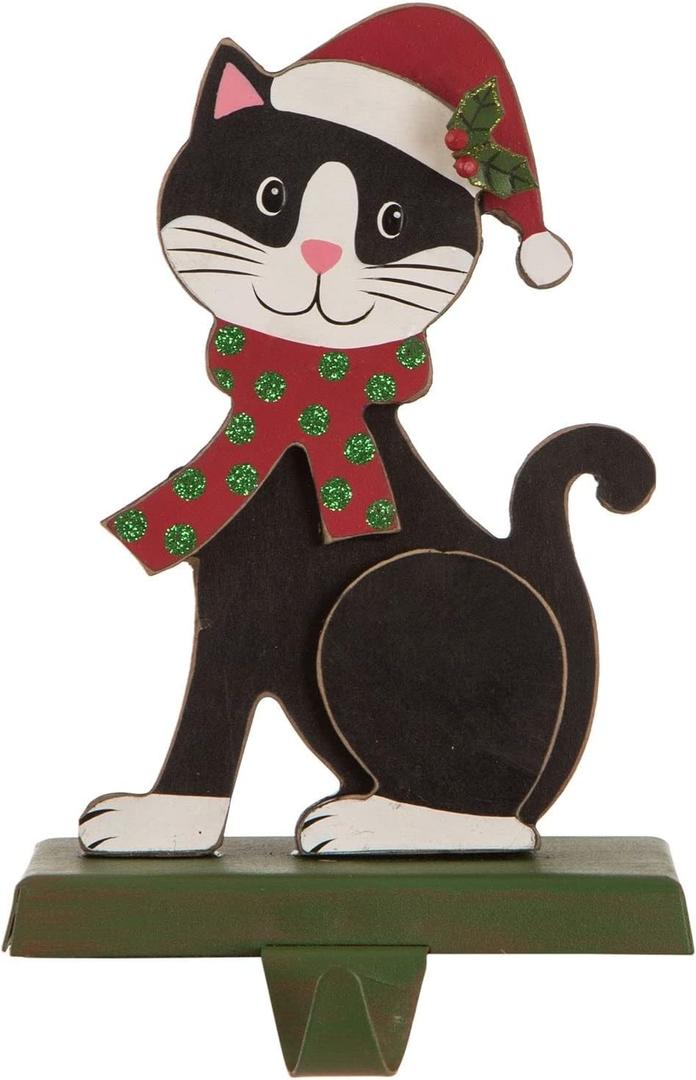 Glitzhome 7.5" H Christmas Cat Stocking Holder for Fireplace Mantel Stand Hanger Sturdy Wooden/Metal Xmas Seasonal Home Party Decoration