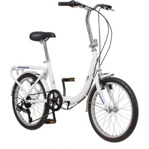 Schwinn Loop Adult Folding Bike for Men and Women, 20-inch Wheels, 7-Speed Drivetrain, Rear Cargo Rack, Carrying Bag, White