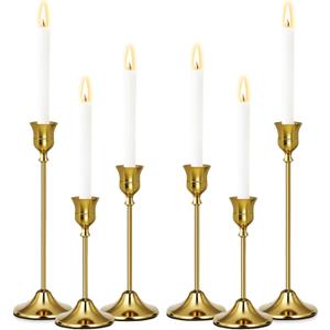 Gold Candlestick Holders Set of 6, Weighted, Metal Taper Candle Stick Holders, Vintage Christmas Brass Home Decor for Table, Mantel, Room Decorations Housewarming Gift Gold-6