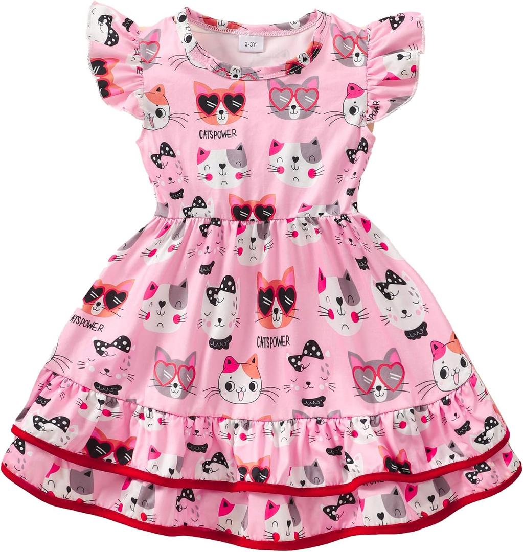 Toddler Little Girl Summer Dresses Kids Cute Casual Flutter Sleeve Tiered Smock Dress 2-7 Years (3-4T, Pink/Cat)