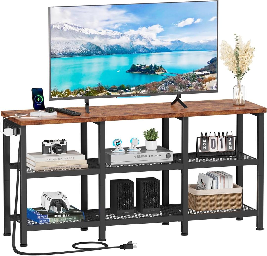 Furologee TV Stand with Power Outlets, Small Entertainment Center with Open Storage Shelves, Media Console Center for TVs up to 50 Inch, Television Stands for Living Room/Bedroom, Rustic Brown