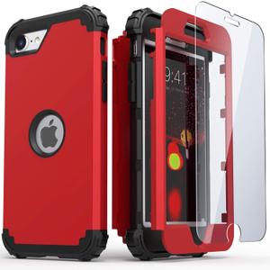 IDweel for iPhone SE 2020 Case with Screen Protector, Case for iPhone SE 2022, Durable Sturdy 3 in 1 Shock Absorption Slim Fit Heavy Duty Hard PC Cover Soft Silicone Bumper Full Body Cover, Red