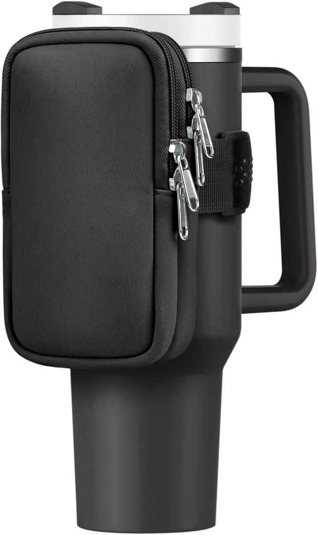 Water Bottle Pouch For Stanley Cup 40oz 30oz, Running Water Bottle Bag for Cards, Keys, Phone, Gym Accessories For Men Women, Travel Tumbler Mug Pouch Compatible With Stanley, Simple Modern (Black)