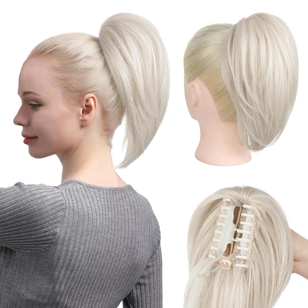 Ponytail Extension, 10" Short Claw Clip in Ponytail Hair Extensions Messy Bun Hair Piece Natural Soft Synthetic Straight Pony Tail Hair Pieces for Women - Platinum Blonde