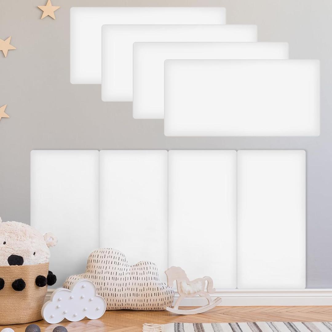 8 Pack Wall Padding for Playroom Peel and Stick Headboard 15.75" x 7.87" x 1.18" 3D Anti Collision Upholstered Wall Panels Self Adhesive Headboard Panel for Protection (White)