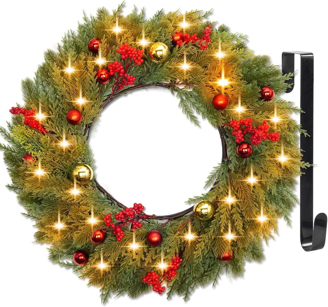 Christmas Wreaths for Front Door with Lights & Timer - 24" 40 LED Pre-Lit Lighted Cedar Pine Christmas Wreath with Metal Hanger Decoration for Door Window Indoor Outdoor Wall (Large, Red Berries &Red Ball)