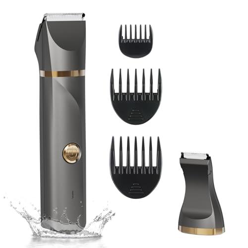 Body Hair Trimmer for Women Electric Body Shaver for Back Chest Armpit Legs Pubic Hair, USB Rechargeable, Replaceable Snap-in Ceramic Blades, IP7X Waterproof for Wet and Dry Use,Gray&Gold