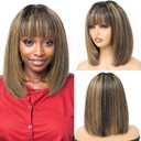 Wigs with Bangs Human Hair Short Wig With Bangs Bob Wig Human Hair Highlight Bob Wigs Human Hair 10 Inch 2.5X1 Lace Glueless Wigs 1B/27 Straight
