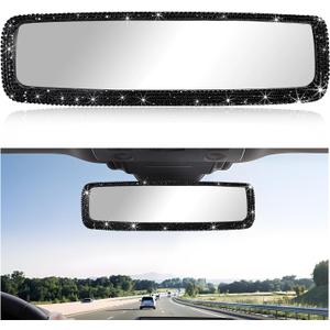 Car Bling Rear View Mirror, Sparkly HD Glass Crystal Diamond Studded Rhinestone Rearview Mirror, Decorative Rearview Mirrors for Women, Teens, Girls, Universal Car Accessories (Black)