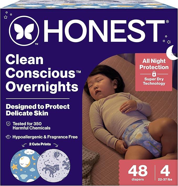 The Honest Company Comfort Dry Disposable Overnight Diapers for Sensitive Skin, Hypoallergenic, Baby Cozy Cloud and Star Signs Design Club Box Size 4 (22–37 lbs) 48 Count