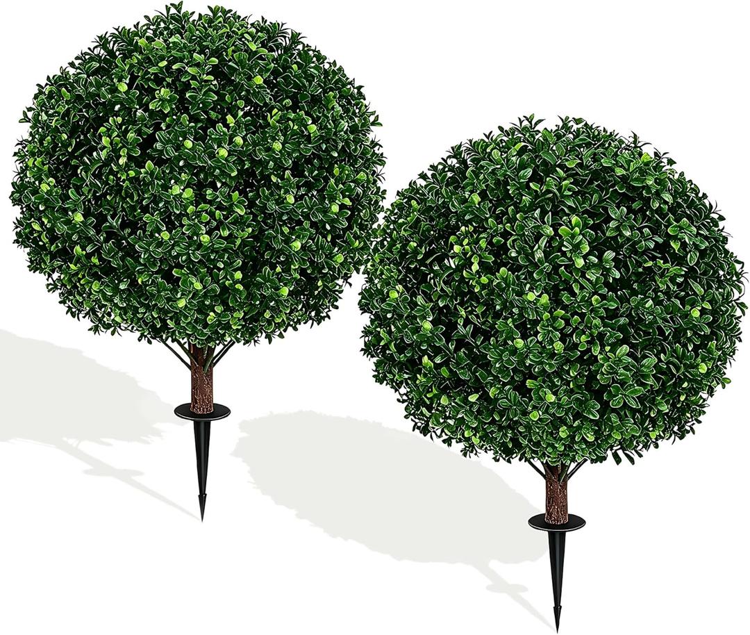 27.5" Artificial Boxwood Topiary Ball Tree, Set of 2 Fake Bushes Shrubs with Ground Spike, UV Resistant Faux Evergreen Boxwood Trees for Front Porch Planters Outdoor Garden Decor