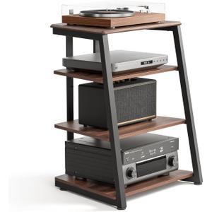 FITUEYES Design 4-Tier AV Media Stand Corner Shelf for Record Player Wooden Stereo Cabinet Audio Rack Tower with Height Adjustable Wooden Shelves for ps4 (Walnut)