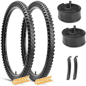 Hycline Mountain Bike Tires Set: 2-Pack 20/24/26x2.125 Inch Folding Replacement High-Density Bicycle Tires and Pair Inner Tubes with Tire Levers Compatible for Street & Off-Road Riding