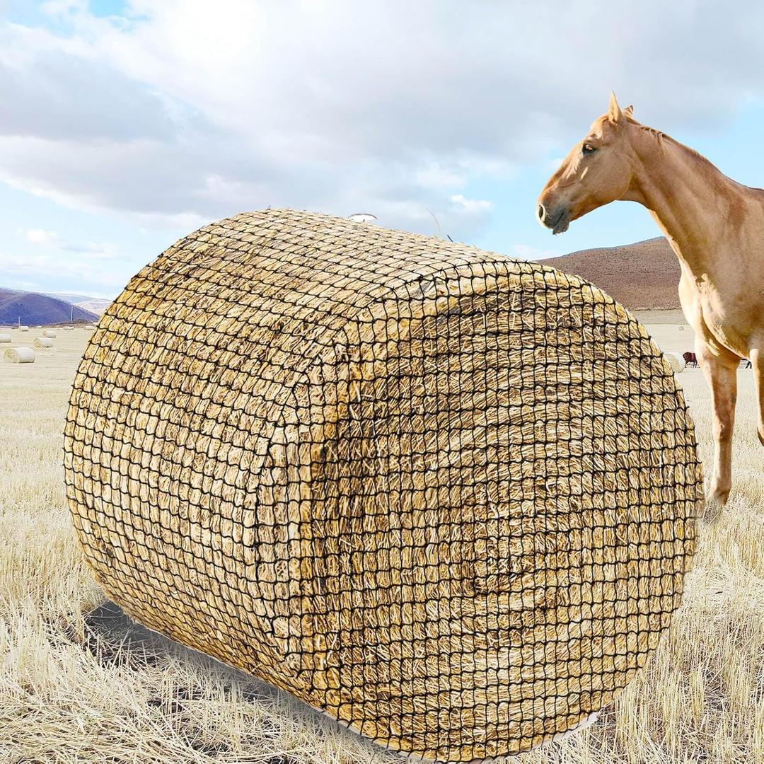 Thick & Durable Round Bale Hay Net for Horses- Large 5x5ft Size, Black Nylon Net with 1.75 Inch Holes - Slow Feed Hay Nets for Horses and Goats - Healthier Feeding Solution