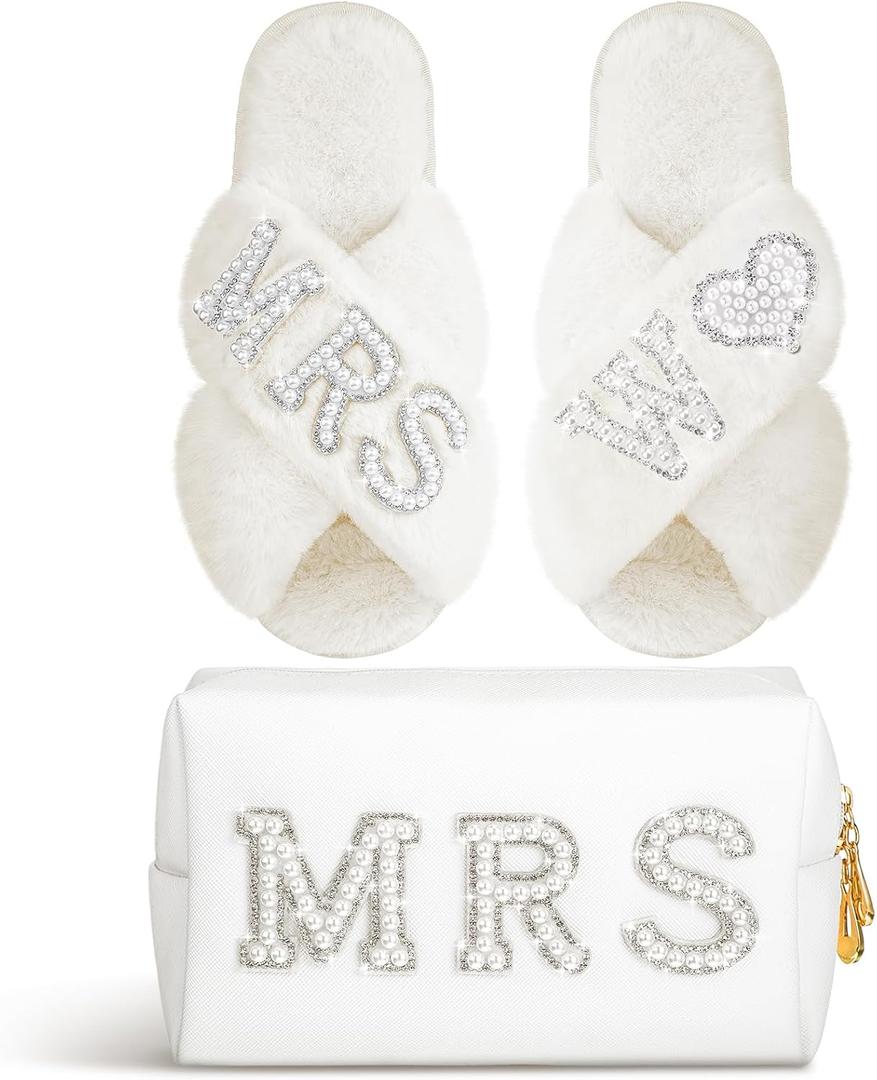 Xtinmee Personalized Initial Wedding Bride Slippers MRS Pearl Letter Makeup Bag Bridal Shower Gifts for Wedding Day (W)
