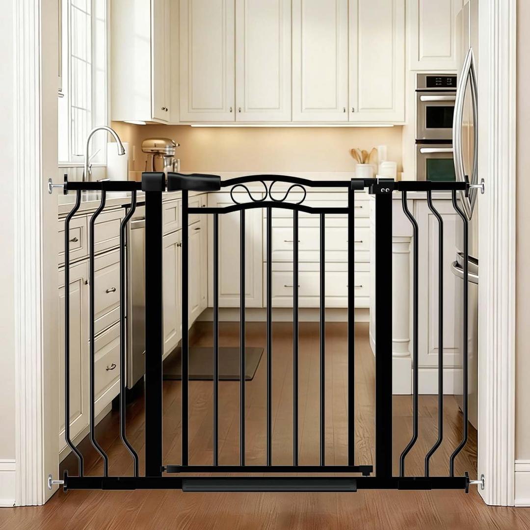 Fairy Baby 29.5"-43.7" Extra Wide Baby Gate for Stairs, Pressure Mounted Dog Gate for Doorways, Auto Close Metal Pet Gate with Arch Design for Puppy, No Drill Child Gate with Walk Thru Door, Black