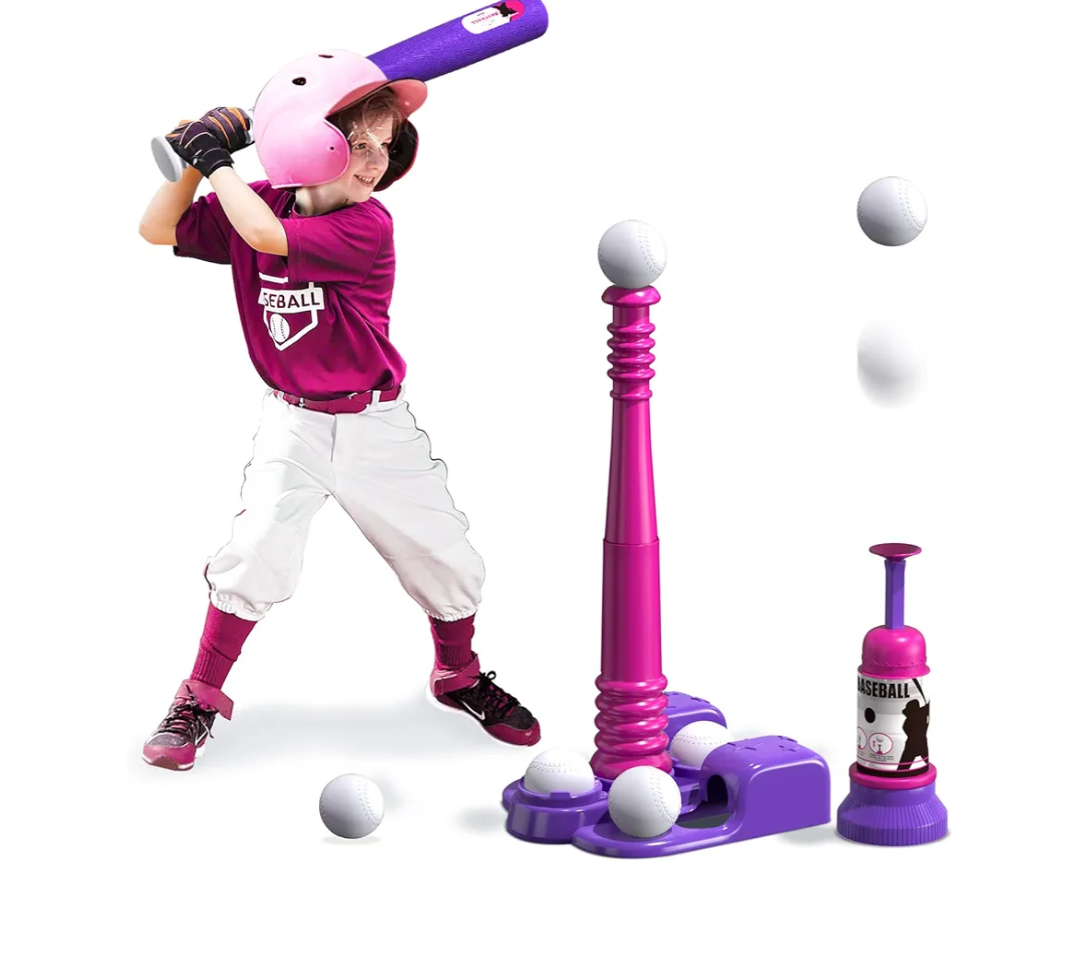 QDRAGON 2 in 1 T Ball Sets for Kids 3-5 5-8, Tee Ball Set with Automatic Pitching Machine/Adjustable Batting Bat & Stand/6 Balls, Baseball Toys Outdoor Sport for Toddlers Girls, Pink