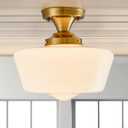 Schoolhouse Light Fixture Modern Gold Ceiling Light,Semi Flush Mount Ceiling Light,12''Wide Opal Milk Glass Shade,Brass Vintage Light for Farmhouse Bedroom Kitchen Hallway Entryway