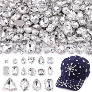 120 PCS White Bedazzling Sew on Rhinestones, Mixed Shape Charms Claw Flatback Glass Rhinestone with Metal Base for Crafting, Large Gems for Clothes Shoes Hats Collars Bags & Sewing Accessories