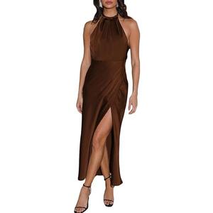 Summer Satin Halter Neck Backless Slit Midi Dresses Elegant Cowl Back Ruched Wedding Guest Maxi Dress for Women, S