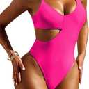 Pink Queen Women's Sexy One Piece Swimsuit Scoop Neck Cutout Waist Tummy Control Bathing Suit Swimwear, 