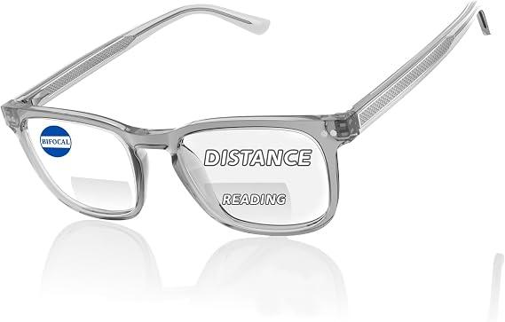 DEHOTRE Bifocal Reading Glasses for Men Clear Top Computer Readers with Metal Core Wire Acetate Frame/Temple Anti Blue Light Grey 3.00