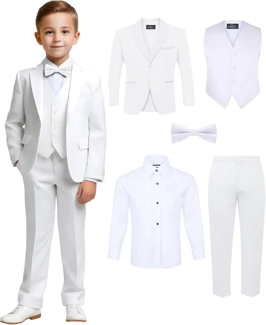 Boys' 5-Piece Tuxedo Set: Premium Formal Jacket, Pants, Shirt, Vest & Bow Tie (8, White)
