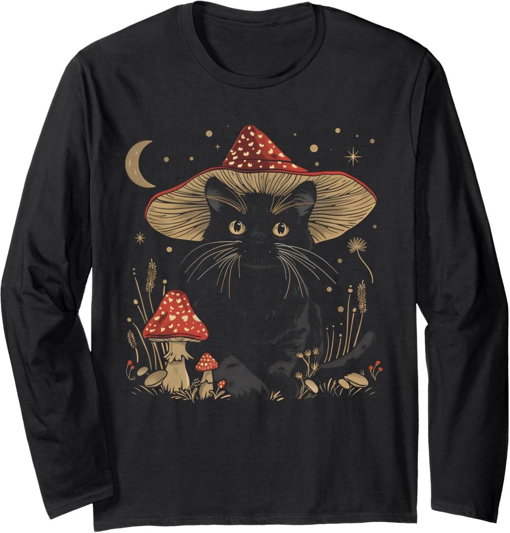 Cottagecore Aesthetic Black Cat Mushroom Hat Witchy Floral Long Sleeve T-Shirt (XL) Blac