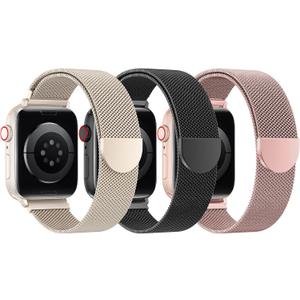 BELONGME 3 Pack Mesh Loop Compatible with Apple Watch Bands for Women Men 40mm 41mm 38mm 42mm 44mm 45mm 49mm 46mm Series 10 9 8 7 6 5 4 3 2 1 Ultra SE, Stainless Steel Metal Magnetic Strap for iWatch (Starlight+Black+Rose Gold)