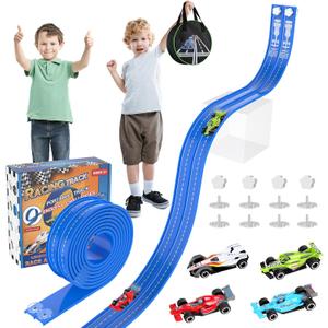 20Ft Flexible Race Track, Slot Car Race Track Set for Kids Ages 3+, Dual Racing Game 2 High-Speed Cars 1/64 Scale, w/8 Suction Cups, 4 Alloy Cars Ideal Christmas Birthday Gift for Boys & Girls (Blue)