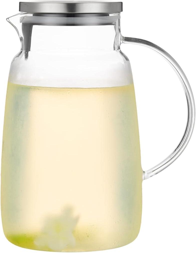 Purefold Glass Pitcher with Lid, 81oz Heat Resistant Water Jug for Hot/Cold Water, Ice tea and Juice Beverage Clear, Large Caliber Easy Clean