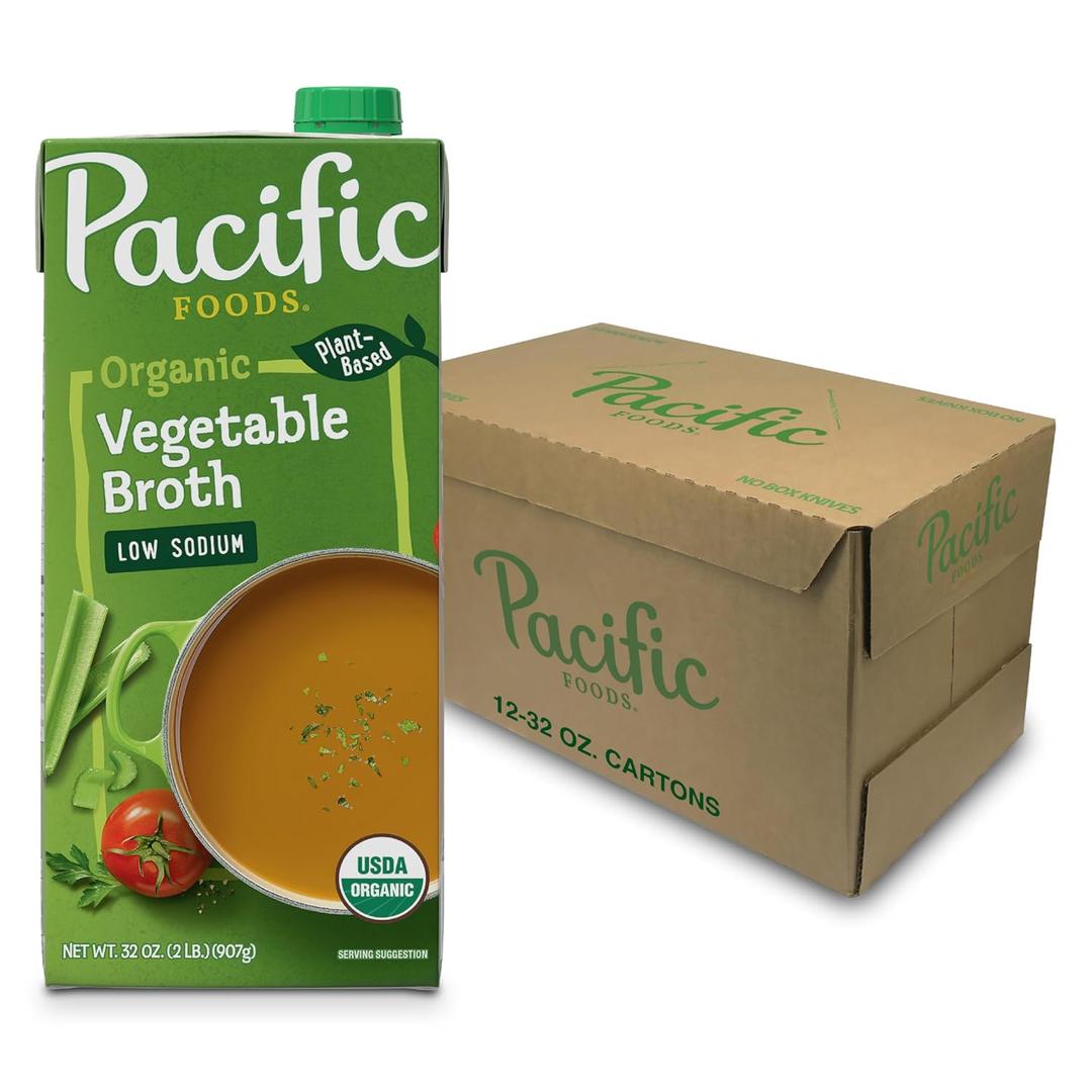 Pacific Foods Organic Vegetable Broth, Low Sodium, 32oz, 12-pack Keto Friendly, BBD 20NOV2026