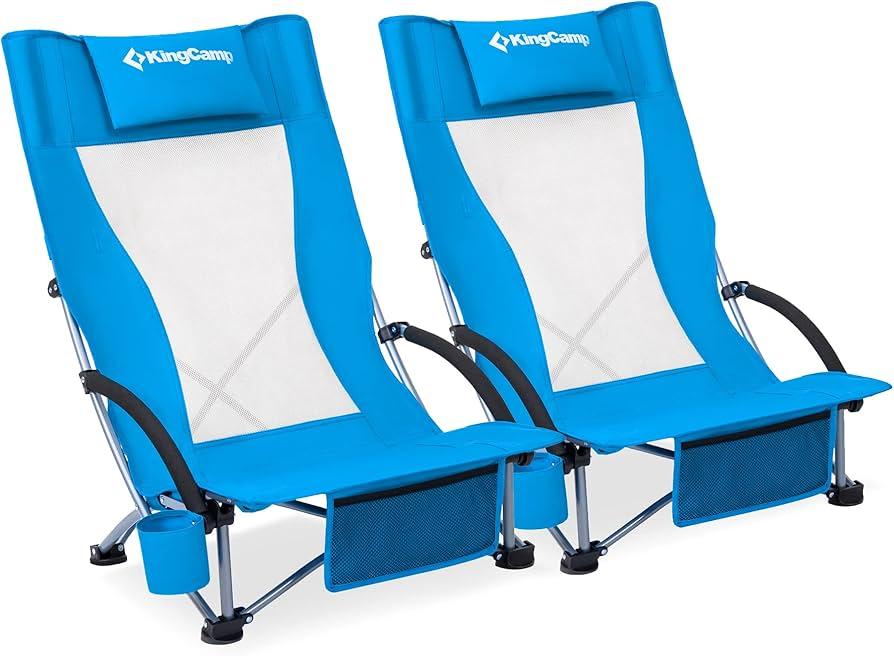 KingCamp Low Folding Beach Chair - Portable & Heavy Duty Beach Gear with 300lbs Capacity, Low Seat Design, Lightweight Camping Chair for Adults, Beach, Picnic, Concert & Outdoor Activities (Ergobreeze H Blue 2pcs)
