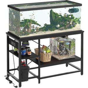Bestier 55 Gallon Fish Tank Stand with Power Outlet, 49x13 Metal Aquarium Stand with Filter Storage, 6-Leg Long Reptile Tank Stand with 3-Tier Adjustable Storage Shelves, 700LBS Capacity, Black Oak