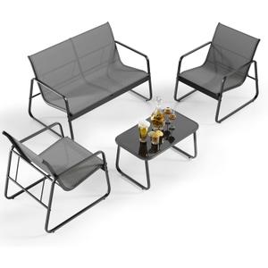 Gizoon 4 Piece Patio Furniture Set, Outdoor Conversation Set, with Glass Coffee Table, Loveseat, 2 Single Chairs, All Weather Textile Fabric, for Backyard, Balcony, Lawn, Garden, Poolside, Grey