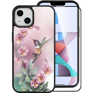OOK Designed for iPhone 15 Case Built in Screen Protector Cute Blue Floral Flower Design for Women Girls Hard PC Back Anti Slip Shockproof Protective Cover Compatible with iPhone 15 (Hummingbird)